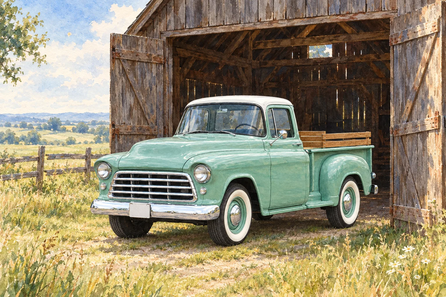 Seafoam, a test vehicle, painted as the Barn Watercolour wide: Your car in the open barn doors