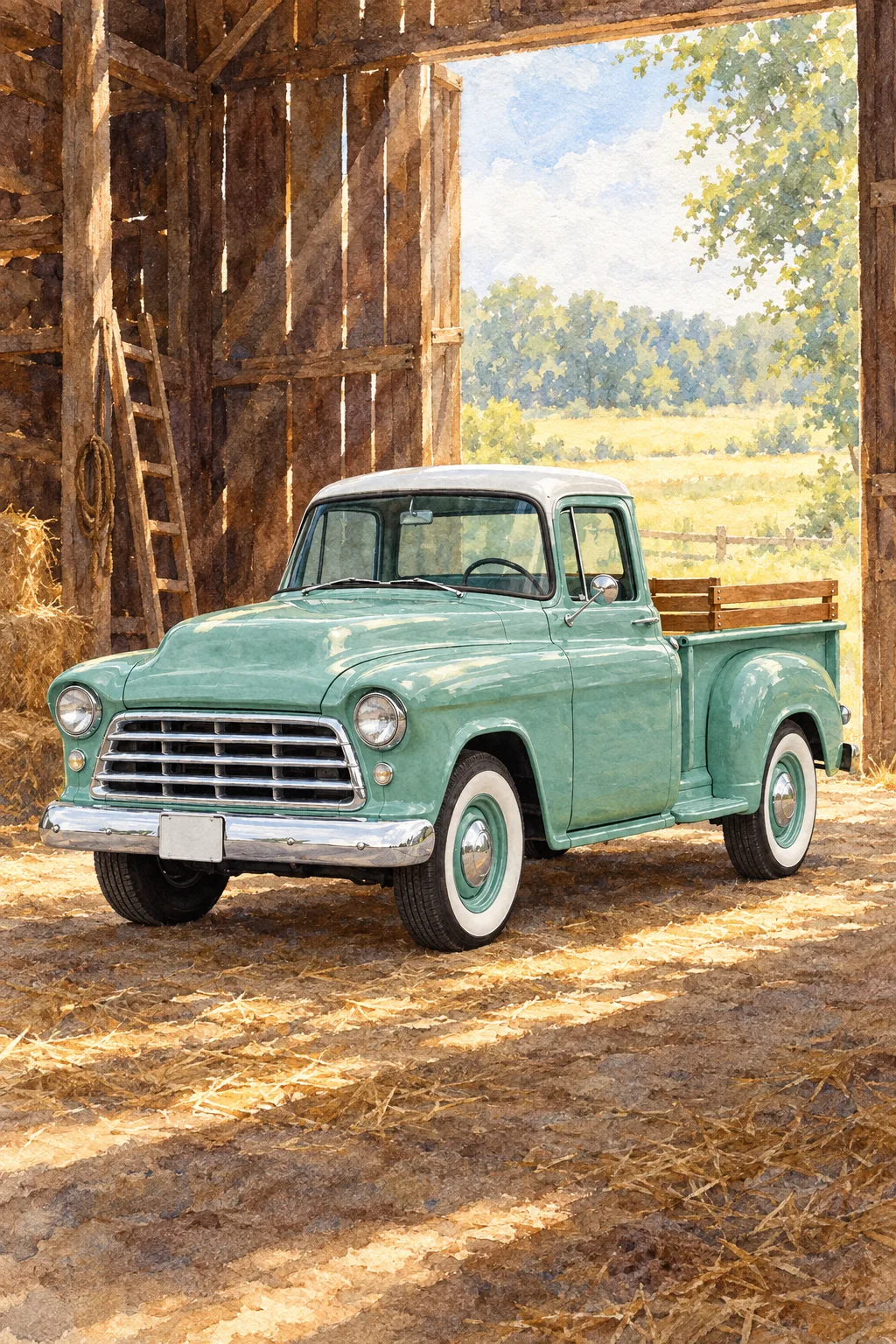 Seafoam, a test vehicle, painted as Barn Watercolour: Cold-pressed cotton, light through the boards