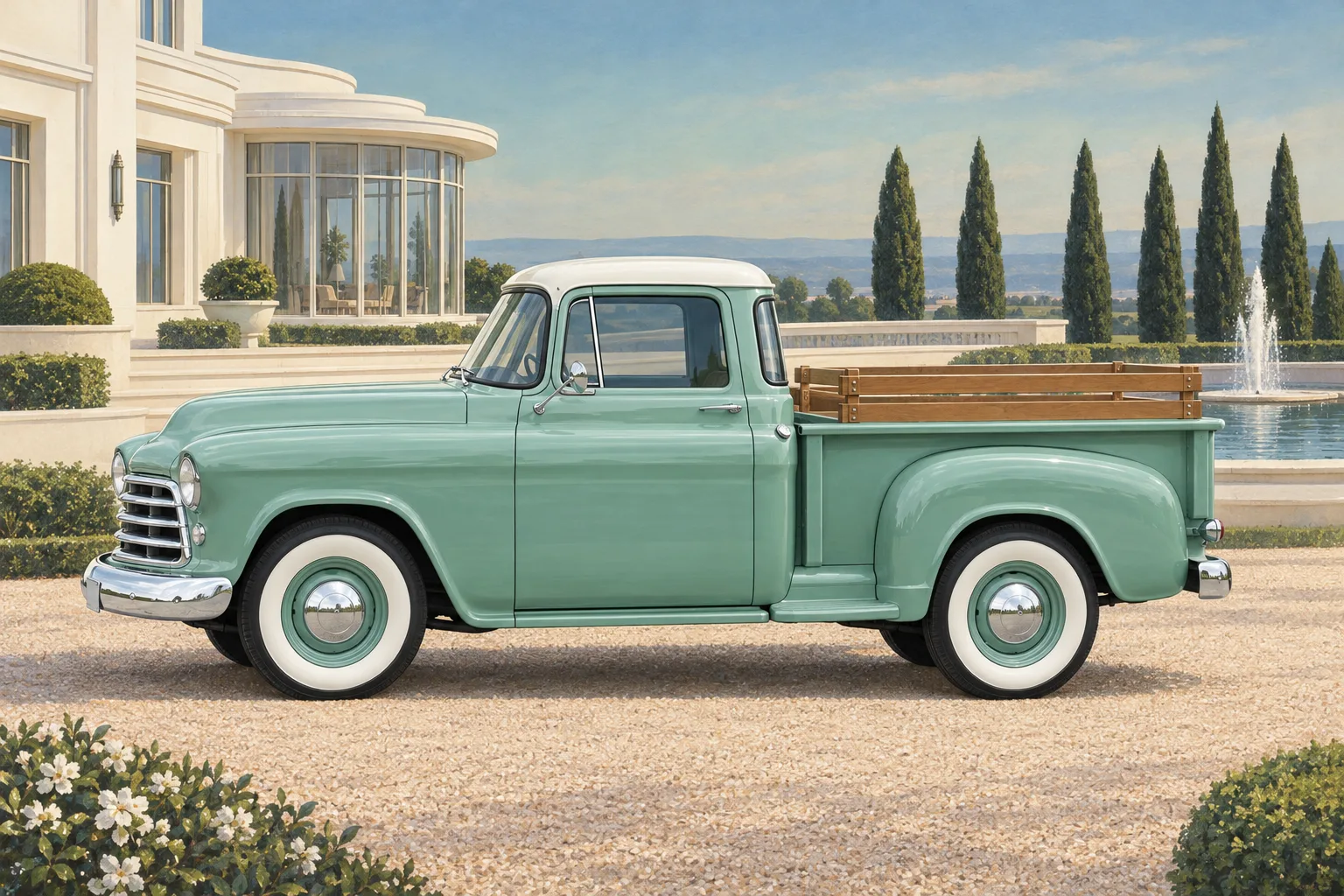 Seafoam, a test vehicle, painted as the Coachbuilder 1936 wide: Your car at the villa, 1936