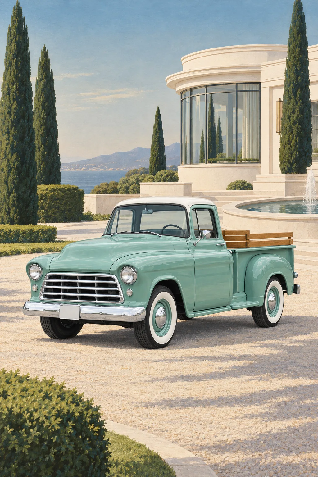 Seafoam, a test vehicle, painted as Coachbuilder 1936: Catalogue plate in gouache, villa, airbrushed sky