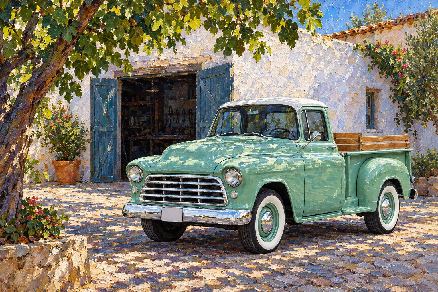 Seafoam, a test vehicle, painted as the Impasto Oil wide: Your car in the courtyard, in oil