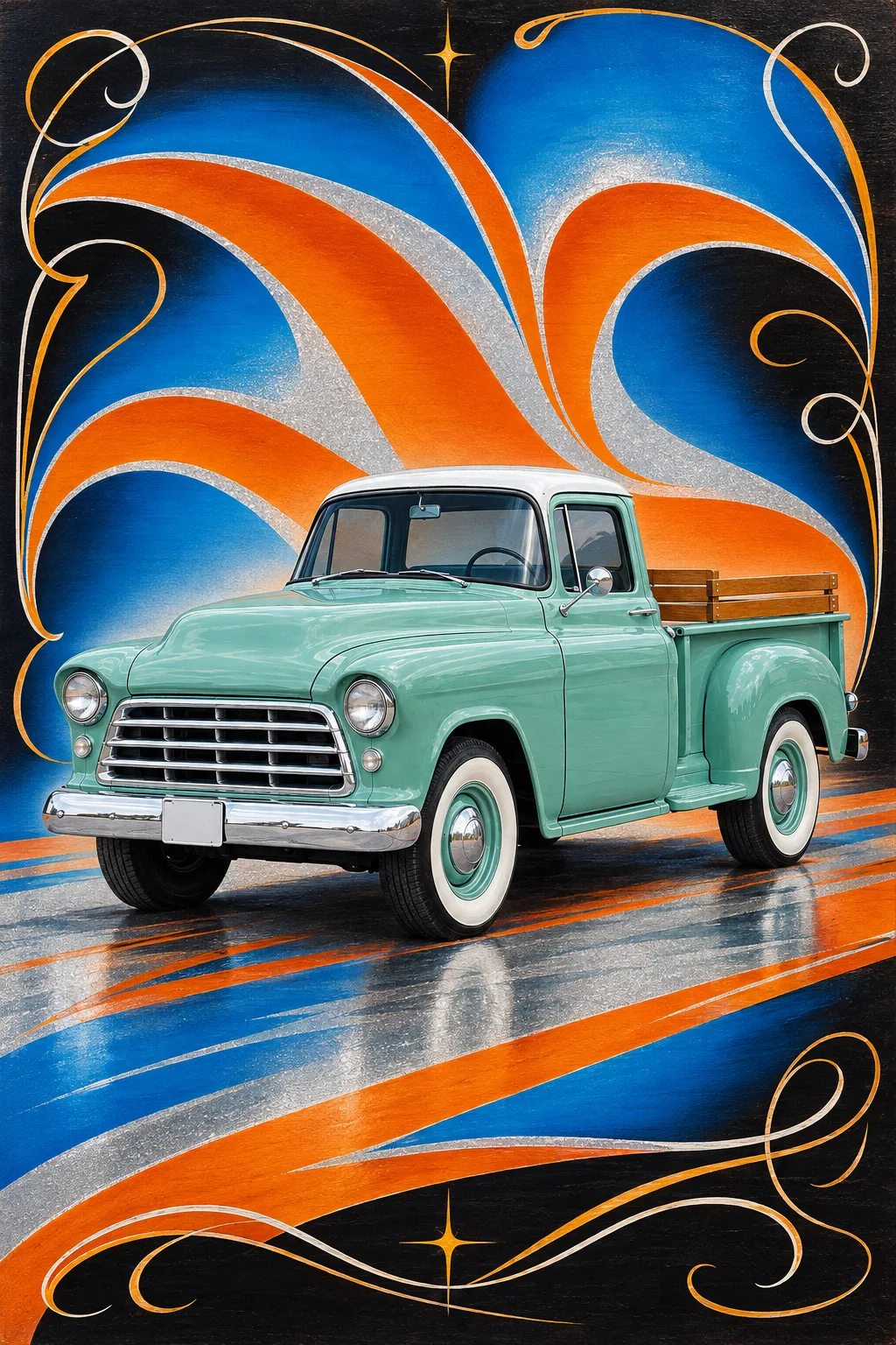 Seafoam, a test vehicle, painted as Kustom Flake: Candy, metalflake and one-stroke pinstripe