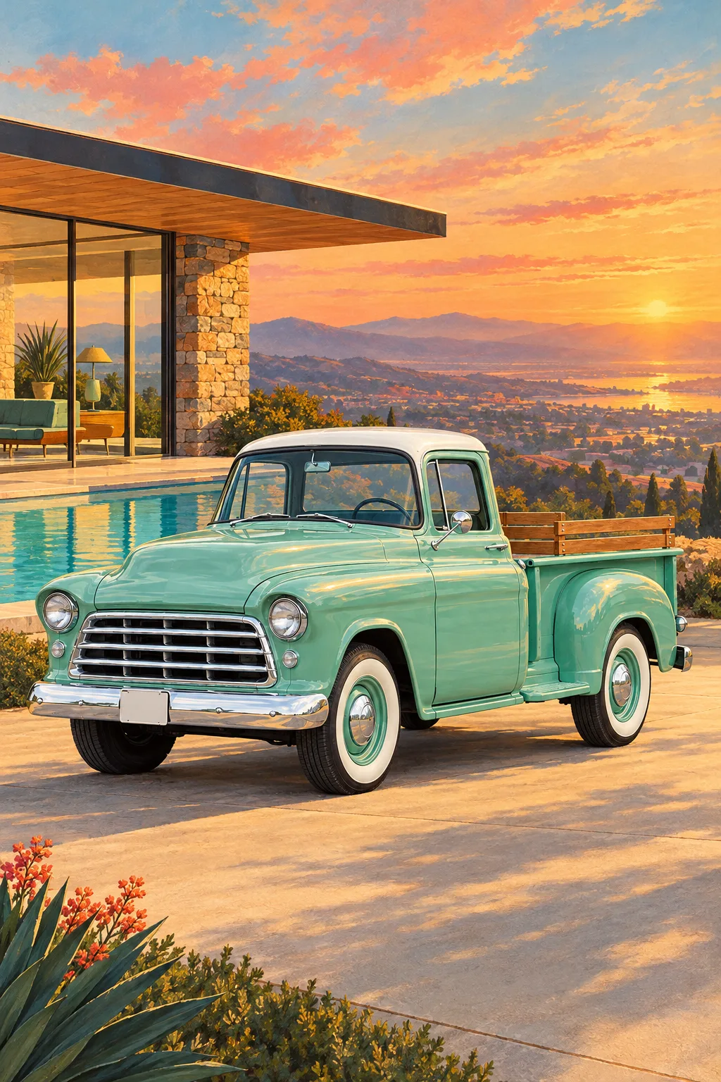 Seafoam, a test vehicle, painted as Magazine 1958: Illustrated advertisement, no copy, golden hour