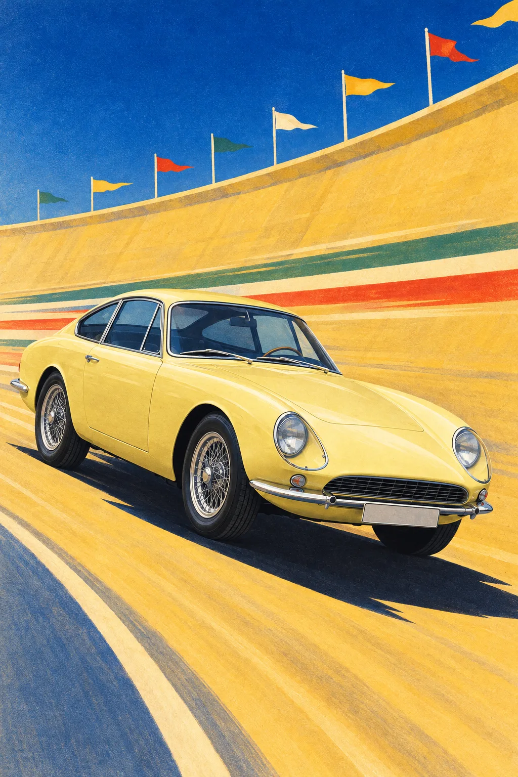 A pale primrose 1960s GT coupé on wire wheels, painted as a 1934 gouache racing poster on a banked concrete curve