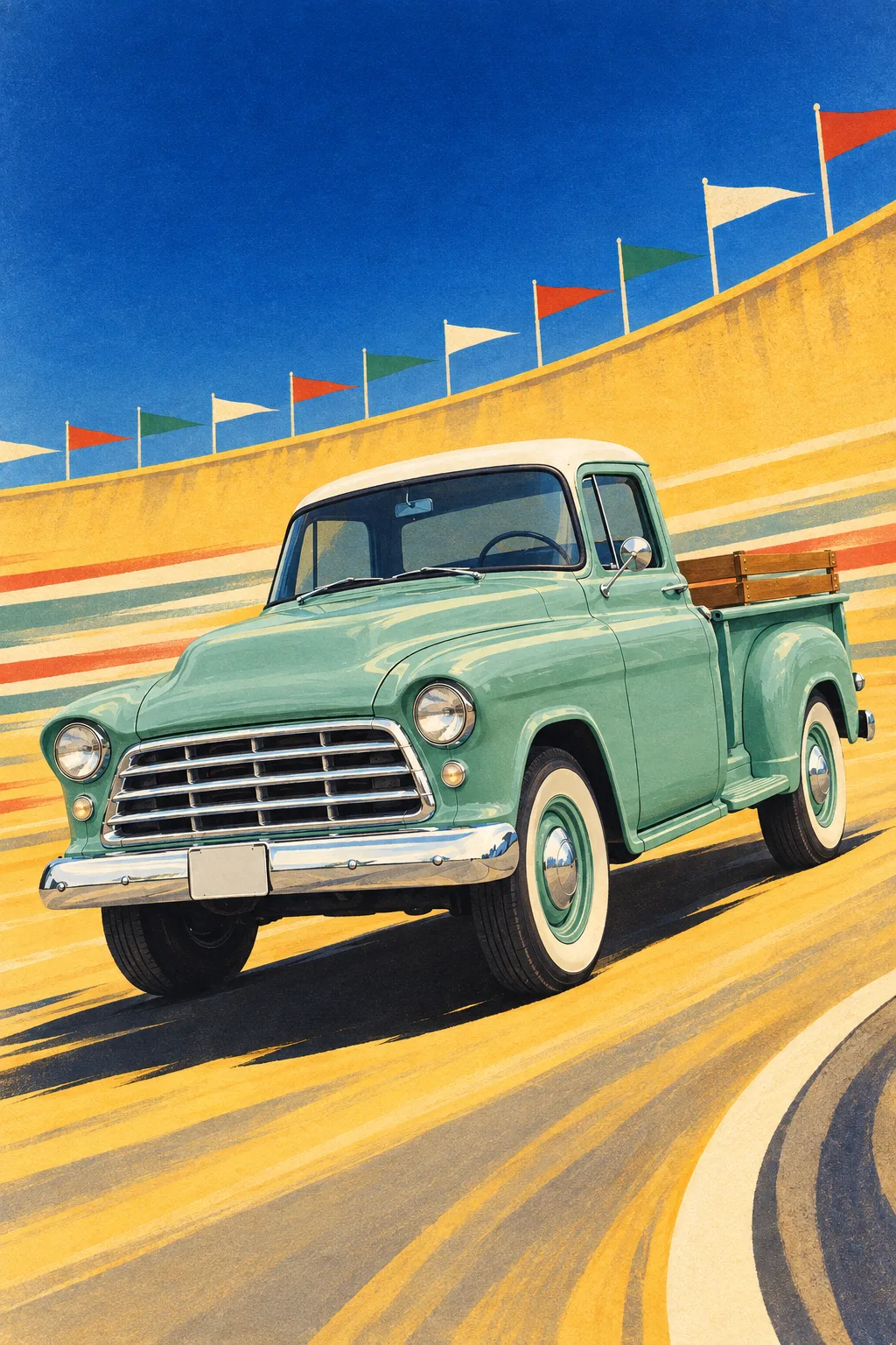 Seafoam, a test vehicle, painted as Monza 1934: Gouache racing poster, banked concrete, litho grain