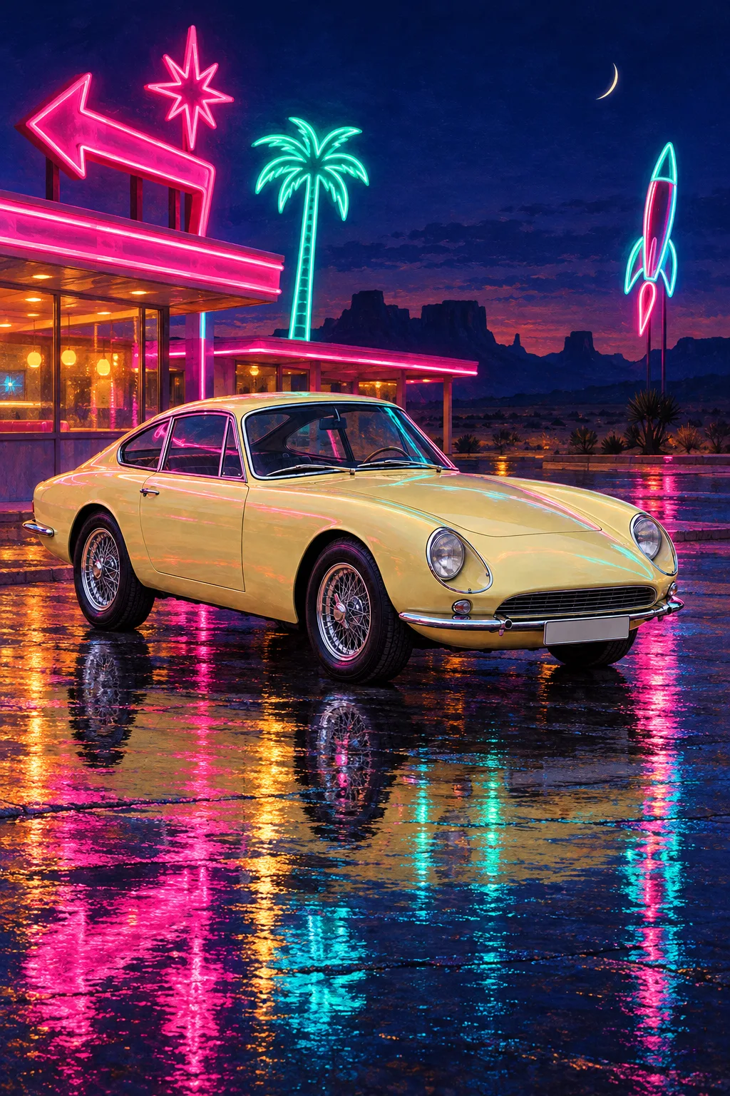 Primrose, a test vehicle, painted as Neon Night: Gouache night, bent glass, wet asphalt