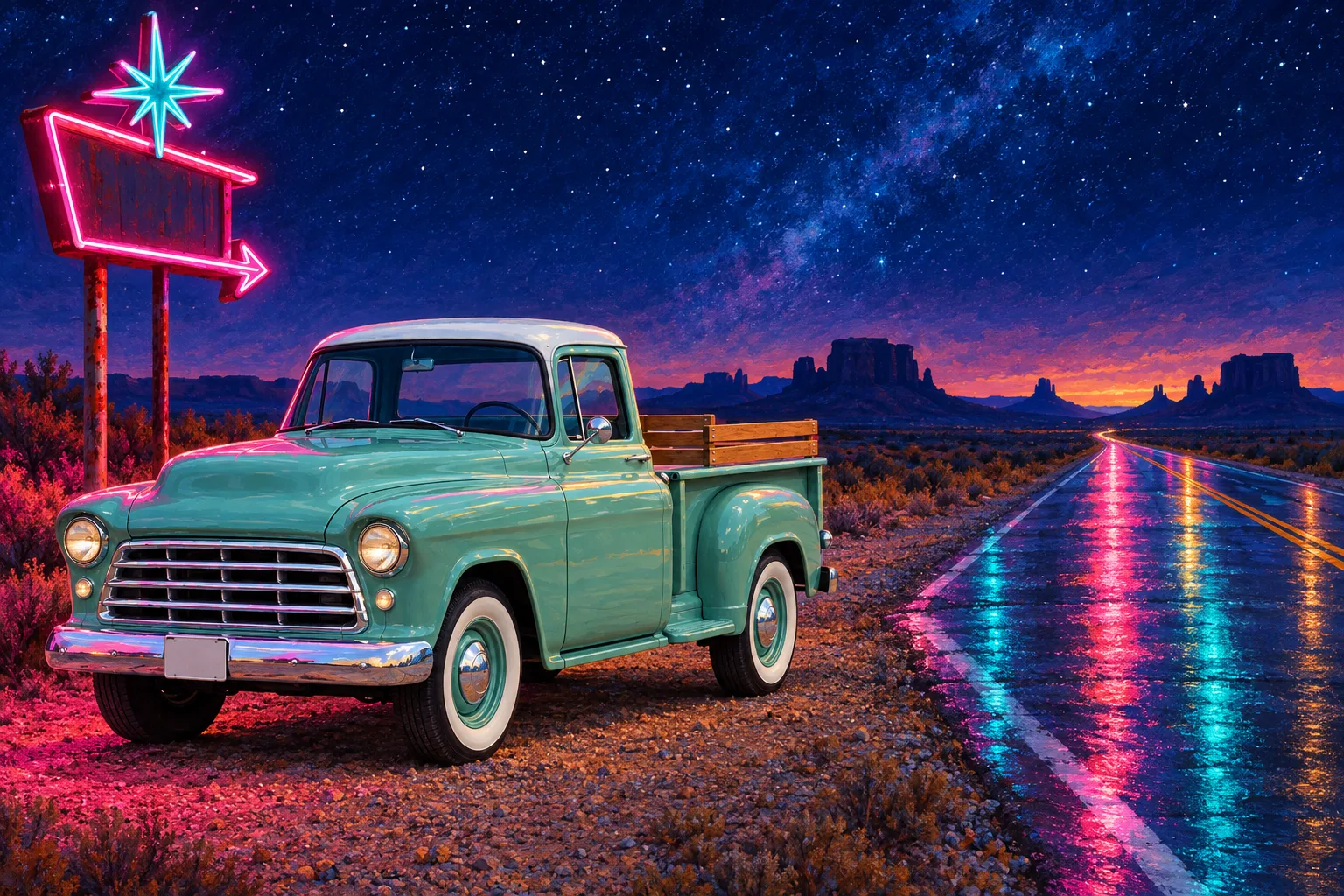 Seafoam, a test vehicle, painted as the Neon Night wide: Your car on the desert highway at night