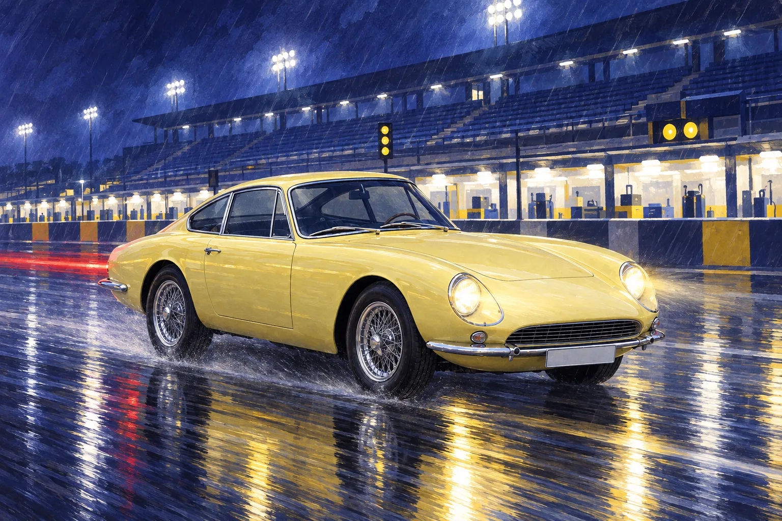 Primrose, a test vehicle, painted as the Night Stint 1955 wide: Your car past the floodlit pits