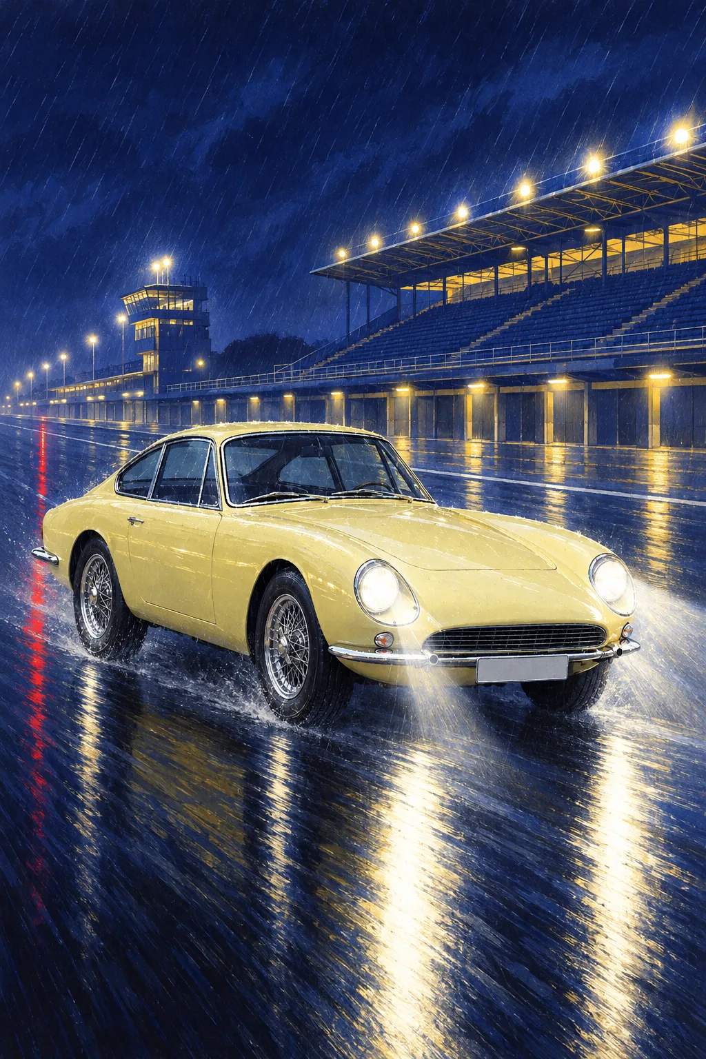 A pale primrose 1960s GT coupé on wire wheels, painted as a 1955 endurance poster: rain, headlamps on, an empty pit lane in midnight blue