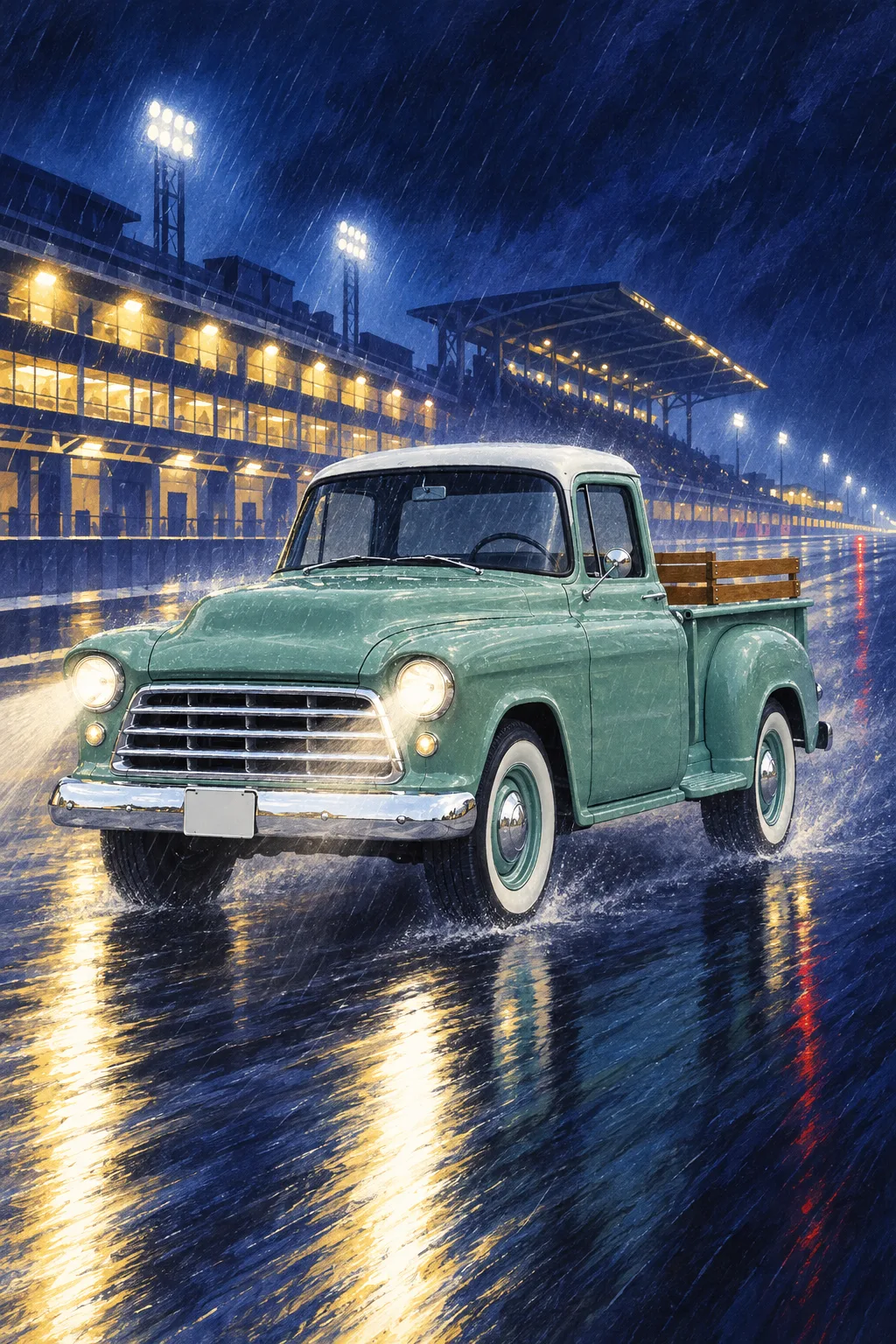Seafoam, a test vehicle, painted as Night Stint 1955: Endurance poster, rain, headlamps, midnight blue