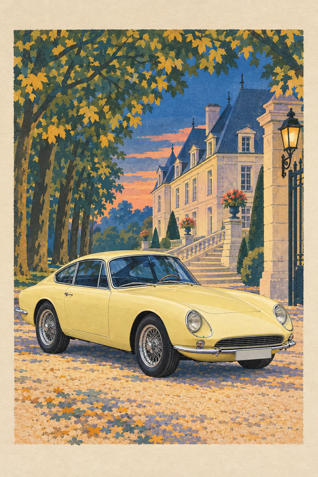Primrose, a test vehicle, painted as Pochoir 1925: Hand-stencilled gouache, jewel colour, fine ink line