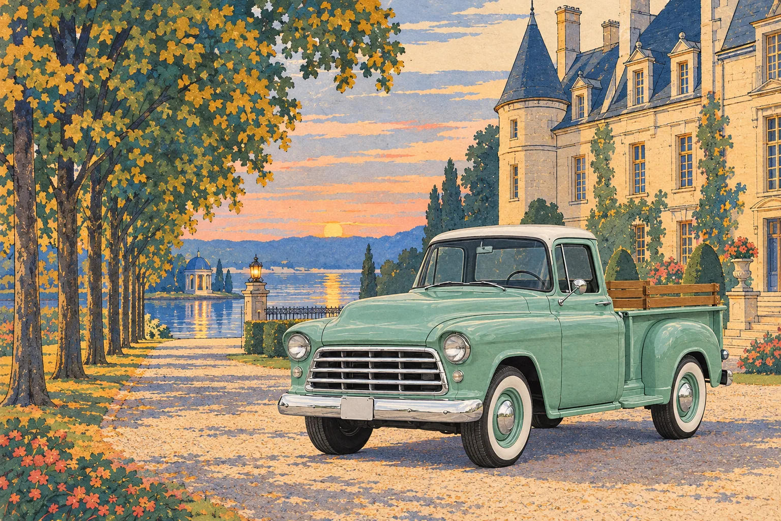 Seafoam, a test vehicle, painted as the Pochoir 1925 wide: Your car at the château, by stencil