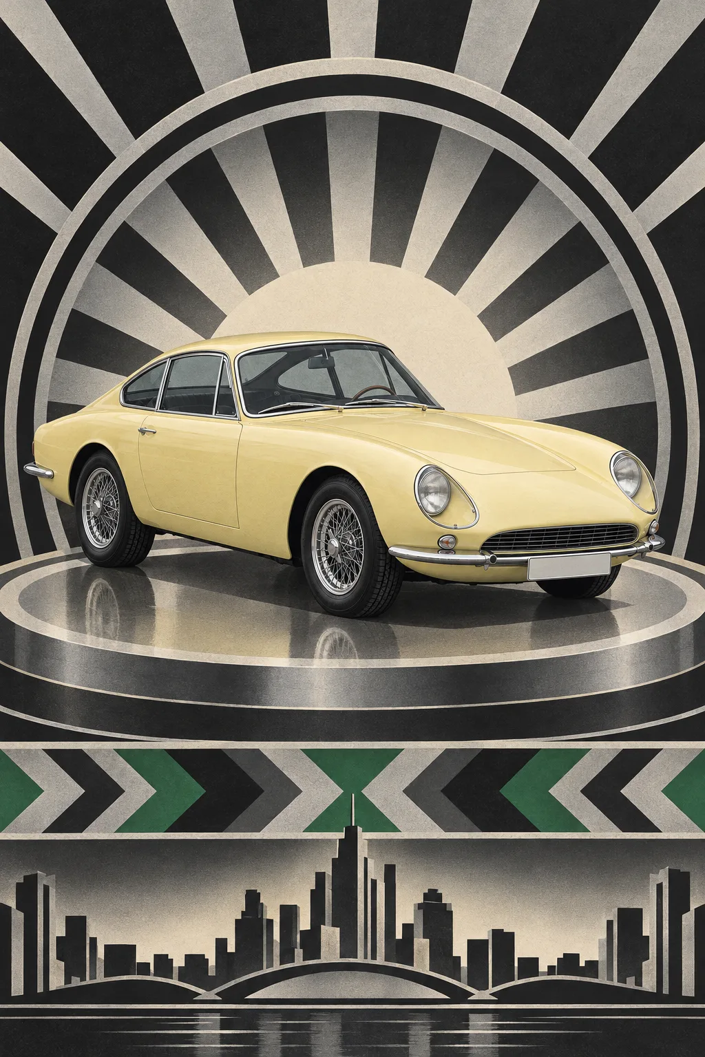 Primrose, a test vehicle, painted as Salon 1929: Art Deco lithograph, sunburst, silver and black