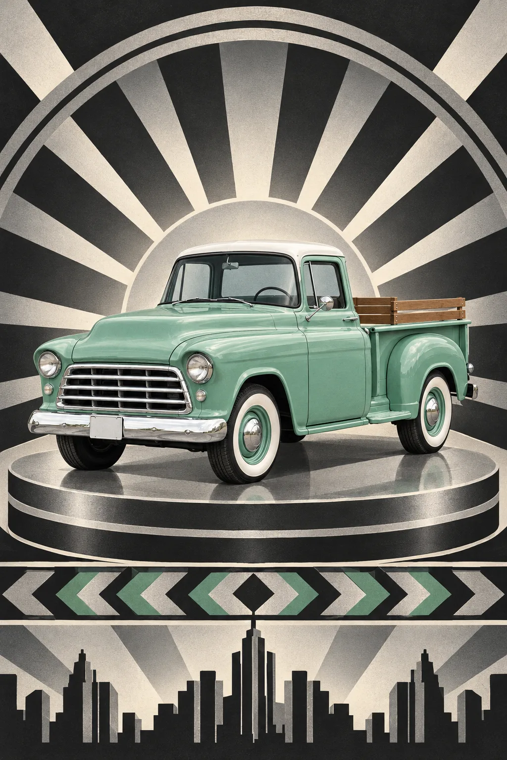 Seafoam, a test vehicle, painted as Salon 1929: Art Deco lithograph, sunburst, silver and black